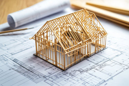 Architectural blueprint showcasing house model with roof frame for real estate photographyの写真素材