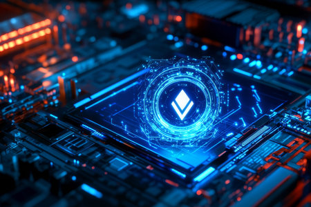 Futuristic abstract background featuring computer screen and holograms for technology concept design