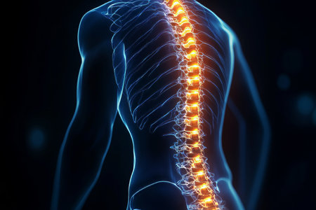 3d visualization of back pain highlighted in blue against black background with human spine anatomyの写真素材
