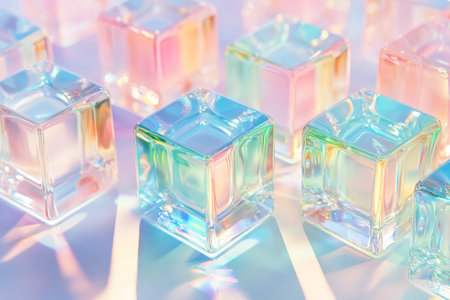 Vibrant 3d glass cubes with holographic texture over a futuristic gradient geometric backgroundの写真素材