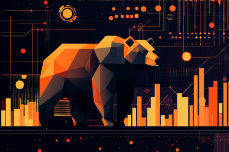 Vector illustration of a stock market chart featuring a bear, geometric shapes, and orange barsの写真素材