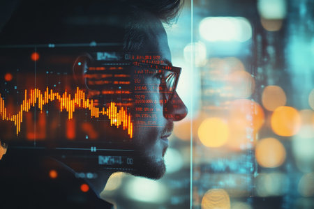 Businessman analyzing financial market data on digital screen with double exposure effect