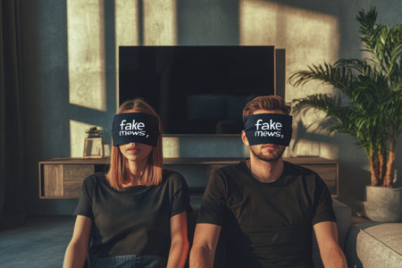 Couple blindfolded with fake news in modern living room a commentary on media perception