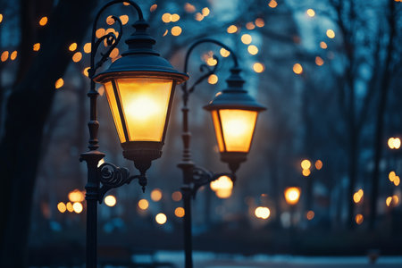 Victorian street lamps illuminating a quiet winter night in a city park with blurred bokeh effectsの写真素材