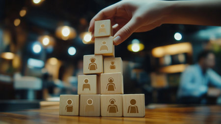 Building a tower of human resources symbolizing teamwork with wooden cubes in a modern workspaceの写真素材