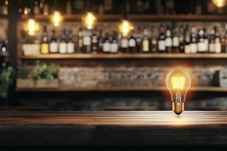 Illuminated light bulb on table in cozy cafe, symbolizing creativity in social gatheringsの写真素材