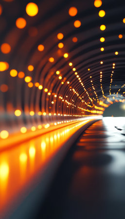 Futuristic 3d tunnel render with bokeh lights in orange and yellow against a light backdropの写真素材