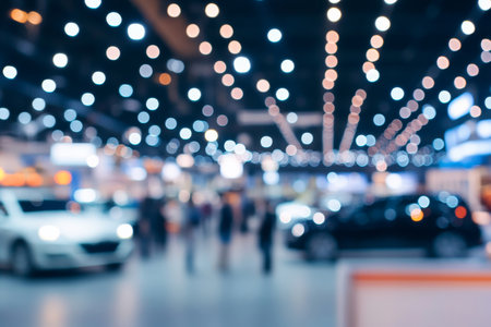 Dynamic exhibition hall background with people and cars, ideal for business and trade fair designsの写真素材