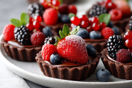 Tempting chocolate tartlets topped with fresh berries, beautifully arranged on a white plateの写真素材