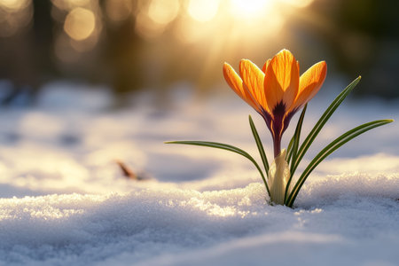 Orange crocus flower blooming in snow symbolizes new life amidst a winter sunrise landscape