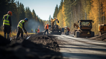 Asphalt laying by road construction workers with machinery and forest backdrop in focused shotの写真素材