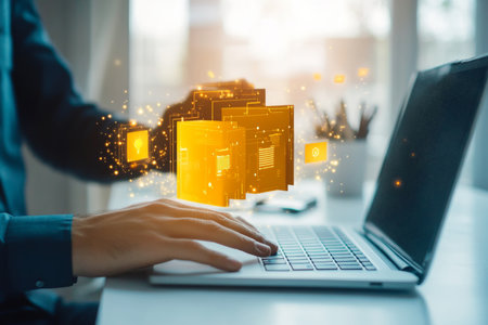 Businessman engaged in document management and ai technology at modern office workspaceの写真素材