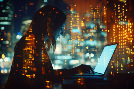 Businesswoman concentrating on laptop amidst digital hologram and cityscape night backgroundの写真素材