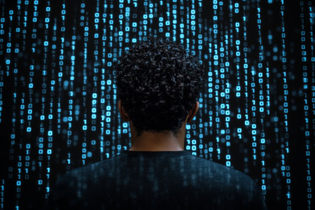 Man with curly hair surrounded by binary code illustrating data science and technology conceptの写真素材