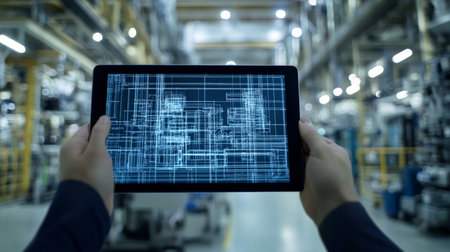 Digital tablet displaying industrial factory blueprint in blurred background for advertising useの写真素材