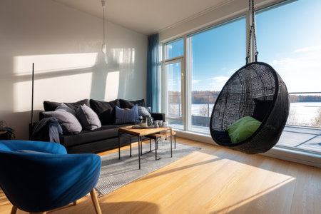 Modern living room in savonlinna, Finland with panoramic views, bright daylight, and stylish decorの写真素材