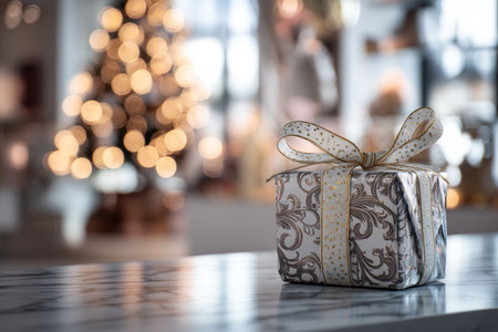 Charming christmas gift on a table surrounded by a beautifully decorated room and tree lightsの写真素材