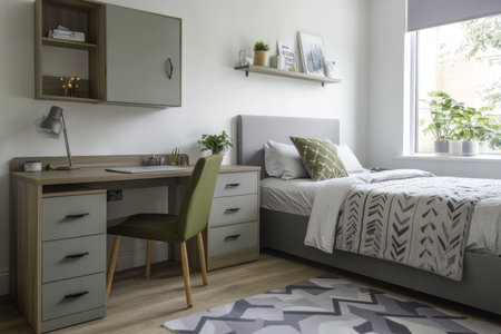 Stylish bedroom featuring minimalist design, natural light, and elegant decor for a calming space.の写真素材