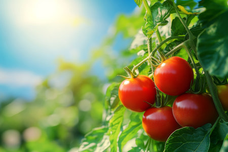 Vibrant close up of ripe red tomatoes on the vine surrounded by lush green leaves in natureの写真素材
