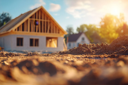 Construction site with new home under development and building materials on a sunny dayの写真素材