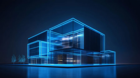 Illuminated glass cube buildings with blue neon lights set against a dark background for real estate
