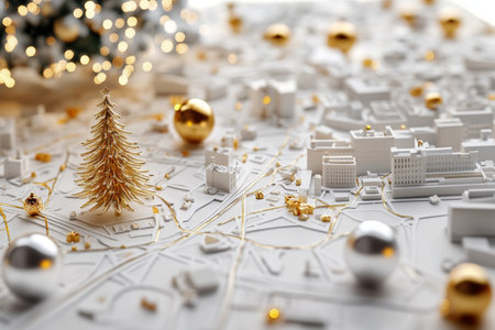 Elegant city map featuring christmas decorations and a minimalist tree in a 3d rendered styleの写真素材