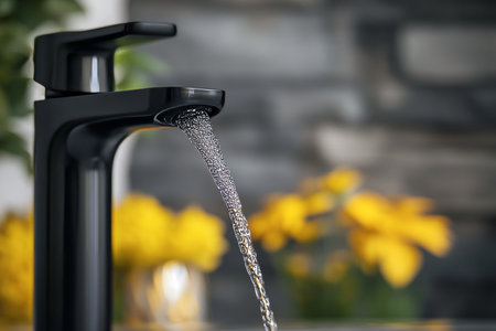 Sleek black faucet with flowing water, gray stone wall, yellow flowers, and natural light ambianceの写真素材