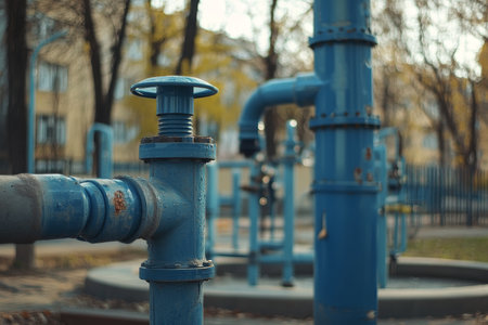 Close up of blue water pipes and faucets in a park setting an industrial water infrastructure sceneの写真素材