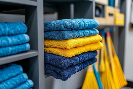 Bright cleaning room with gray shelves, colorful towels, and professional cleaning equipmentの写真素材