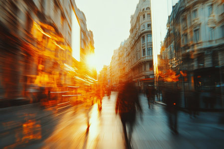 Abstract urban background blurred city street with motion effect and golden sunlight for design useの写真素材