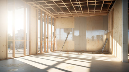 Realistic image of an unfinished interior space with steel framing and natural sunlight effectsの写真素材