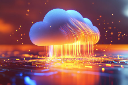 3d visualization of a cloud with data streams on a circuit board in orange and blue colorsの写真素材