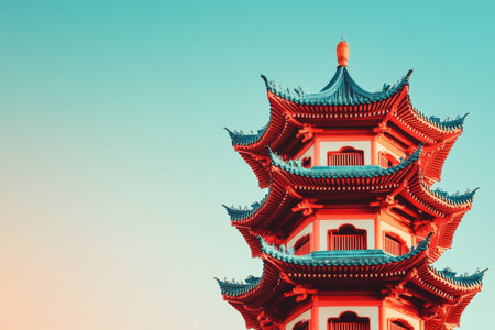 Minimalist chinese pagoda tower with gradient red and blue background in soft pastel tonesの写真素材