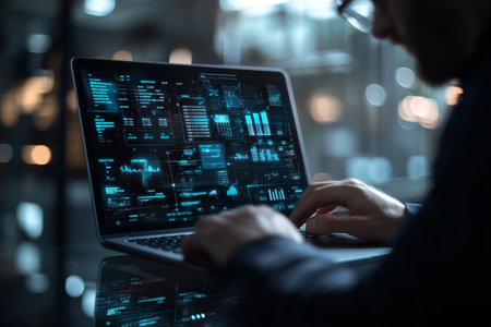 Businessman using laptop with virtual screen for business plans and financial data in officeの写真素材
