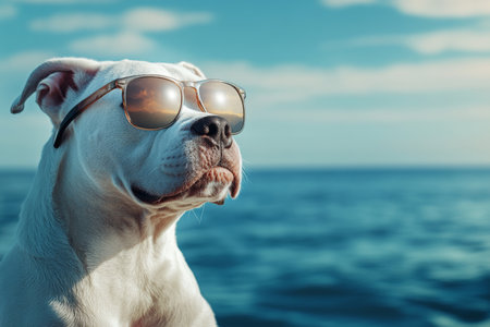 Adorable american staffordshire terrier in sunglasses at the beach with space for textの写真素材