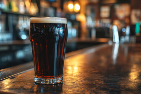Dark beer glass on bar counter with blurred background, perfect for adding text or copyの写真素材
