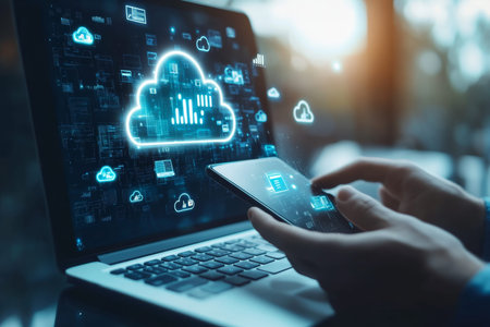 Businessman engaging with laptop and smartphone amidst cloud icons for online storage solutions