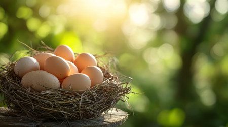 Close up of fresh eggs nestled in a bird s nest on a farm surrounded by nature and sunlight