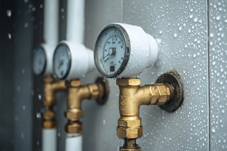 Close up of water pipes and gas meters with water droplets and brass niches for product photographyの写真素材