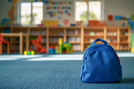 A blue backpack in a bright, modern classroom surrounded by colorful educational toys and booksの写真素材
