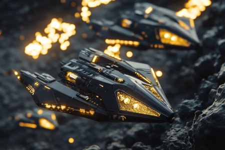 Futuristic black and gold spaceships navigate asteroid field in stunning sci fi game art styleの写真素材