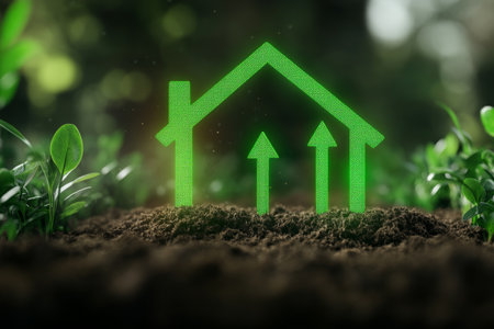 Minimalist eco friendly house energy label with arrows on green background and soil conceptの写真素材