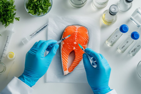Laboratory worker testing salmon steak for food quality control and safety in a clean environmentの写真素材