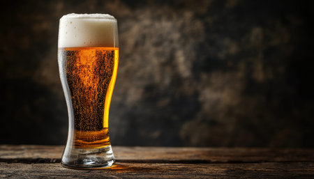 Refreshing beer in a glass with foam on rustic wood table against dark backdrop for text space