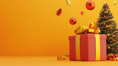3d rendering of a red gift box with yellow ribbon and festive decorations on an orange backgroundの写真素材