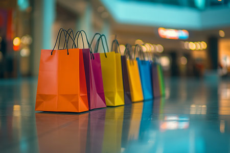Vibrant shopping bags displayed in an empty mall with a blurred background in a close up shotの写真素材