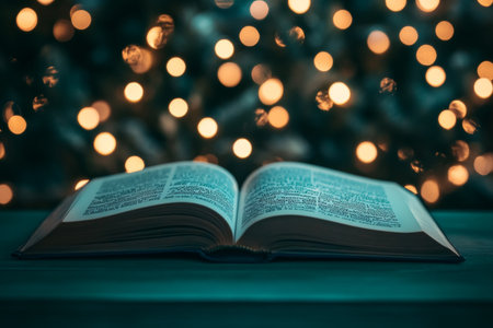 An open book surrounded by christmas lights on a green tabletop with bokeh in a dark settingの写真素材