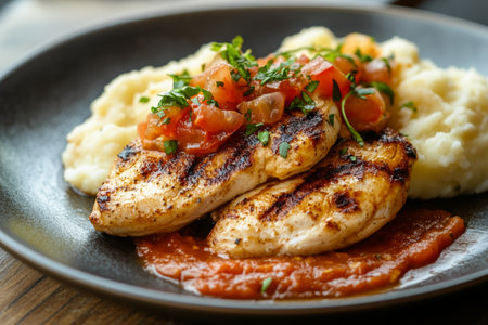 Delicious grilled chicken fillet with tomato sauce and fluffy mashed potatoes on plateの写真素材