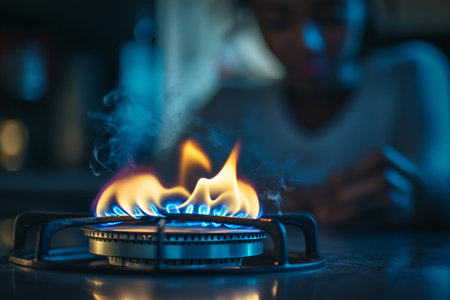 Close up of a gas stove flame on a modern kitchen countertop with clean design and copy space