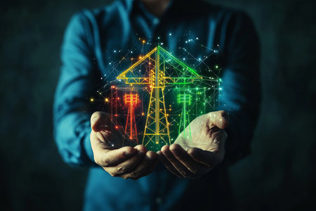 Close up of hands with energy label on virtual screen, symbolizing home budget conceptの写真素材